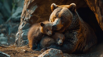 Mother bear tenderly nurturing cubs in cozy den, emphasizing bond, warmth, and intimacy