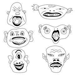 A set of scary vampires and fairy-tale critters drawn in doodle style