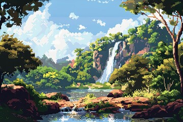 Tranquil scene depicted in pixelated nature landscape, highlighting serene beauty and detailed elements. AI Image