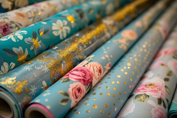 Wrapping Paper Rolls: Floral Patterns, Blue, Gold Accents: Elegant Rolls of Gift Wrapping Paper with Floral Prints for Presents, Celebrations, Birthday, Christmas  