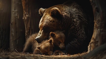 Mother bear tenderly nuzzling cubs in den, capturing intimate moment in soft natural light - obrazy, fototapety, plakaty