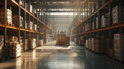 A bustling logistics warehouse with shelves and forklifts, currently quiet but ready to store and distribute a vast array of goods