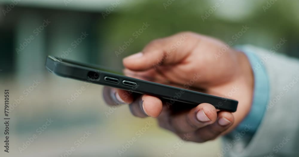 Poster phone screen, scroll and hands of businessman in city with web search, chat or b2b networking closeu