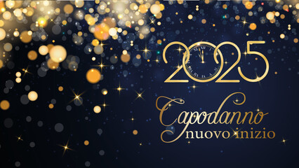 Fototapeta na wymiar biglietto o striscione per augurare un nuovo inizio per il nuovo anno 2025 in oro su sfondo blu con cerchi color oro e glitter effetto bokeh