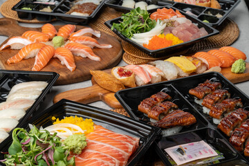 Japanese, sushi, sashimi, fish, eel, shrimp, flatfish, rockfish, salmon, sashimi rice, raw salmon, fried tofu rice, soy sauce, wasabi, egg roll, onion, flying fish egg