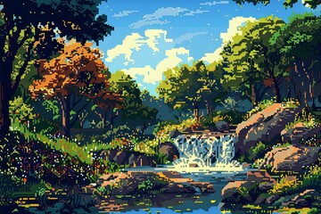 Pixelated nature landscape featuring serene beauty and detailed elements in a tranquil scene. AI Image