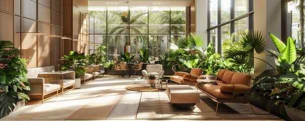 Stylishly decorated lounge area within the office, complete with comfortable seating, lush greenery, and natural light 