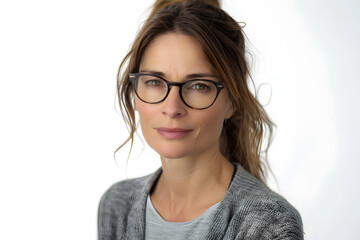 Fototapeta premium Closeup portrait of middle age mature beautiful woman in glasses, isolated on light grey background