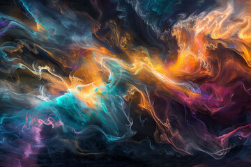 A colorful, swirling galaxy with a mix of blue, green, and orange hues - obrazy, fototapety, plakaty