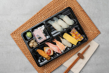 Japanese, sushi, sashimi, fish, eel, shrimp, flatfish, rockfish, salmon, sashimi rice, raw salmon, fried tofu rice, soy sauce, wasabi, egg roll, onion, flying fish egg