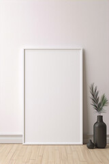 Empty white frame on light wood floor. Simple, modern decor.
