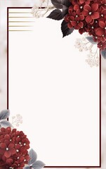 Elegant floral invitation, red and gray hydrangeas, gold accents.
