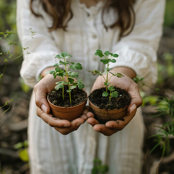 A woman holding three small plant pots with seedling