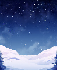 Fototapeta premium Snowy winter landscape night starry sky blue white serene peaceful winter holiday. 