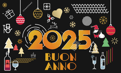 biglietto o striscione per augurare un felice anno nuovo 2025 in oro su sfondo nero con cuori di fiocchi di neve, alberi di Natale, bottiglie di alcol, palle di Natale