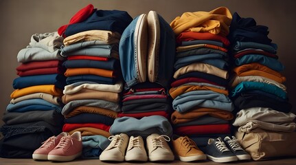 Big heap of different clothes and shoes .Generative AI