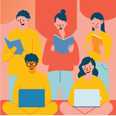 Individuals engaged in various activities, such as operating laptops, and clutching books.