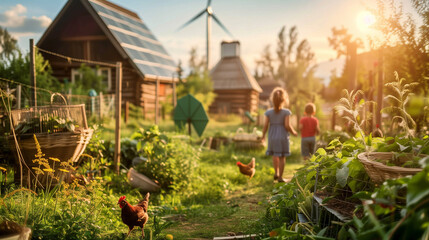Children playing near eco-friendly home with wind turbine and garden. - obrazy, fototapety, plakaty