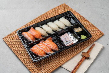 Japanese, sushi, sashimi, fish, eel, shrimp, flatfish, rockfish, salmon, sashimi rice, raw salmon, fried tofu rice, soy sauce, wasabi, egg roll, onion, flying fish egg