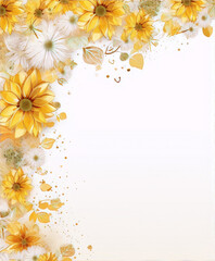 Yellow flowers and leaves frame a white background.
