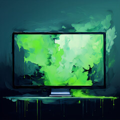 Abstract computer monitor, vibrant green, dripping paint.
