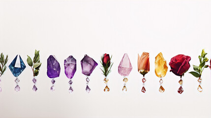 Colorful crystals and flowers, spectrum of hues.
