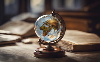 A crystal globe in the foreground, symbolizing global issues and connectivity, with a defocused world map in the background - Powered by Adobe