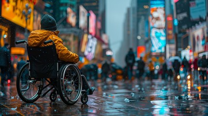 Close up photo of confused cerebral palsy boy sitting in the wheelchair at crowded city street. View from behind. Image related to vulnerability of disabled people which needs a help.
 - obrazy, fototapety, plakaty