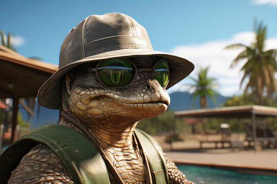 lizard in a jungle explorer costume and sunglasses