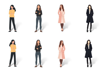 Fototapeta premium Set of minimal flat drawing illustrations - different women in casual clothes, transparent background with shadow, facing both ways. Generative AI