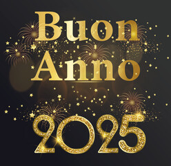 biglietto o striscione per augurare un felice anno nuovo 2025 in oro su uno sfondo nero sfumato con stelle e fuochi d'artificio dorati