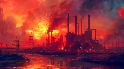  Futuristic industrial landscape with fiery sky © Oleksandr