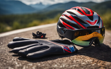 A cycling helmet and gloves, symbolizing speed and endurance, with a defocused mountainous road in...