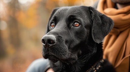 Devoted black labrador retriever on hike displays loyalty and connection with owner