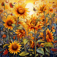 Sunflowers in a vibrant, stylized field. Golden blooms in a rich, warm scene.
