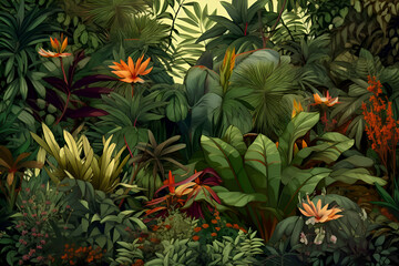 Fototapeta premium Tropical jungle background with exotic plants and flowers. illustration