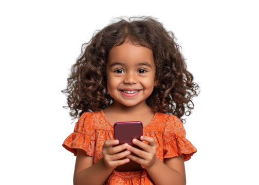 Cheerful Child with Phone on Transparent Background