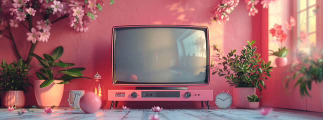 Frontal angle rendering of a cute pink TV in C4D style , pink tone,generative ai - obrazy, fototapety, plakaty