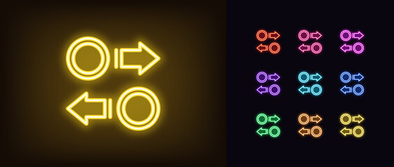 Outline neon coin convert icon set. Glowing neon token exchange sign with arrows. Crypto currency conversion, money cashback, refund, swapping token market, reinvest, virtual coin trade. Vector icons - obrazy, fototapety, plakaty
