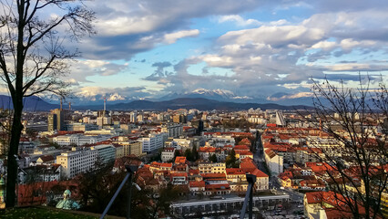 Breathtaking aerial view of Ljubljana, Slovenia, Europe. Looking from renowned Ljubljana Castle, an...