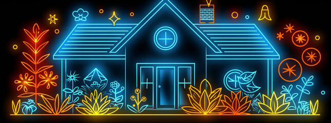 Develop an icon using digital means to symbolise a Home and Garden in Neon Colors,generative ai