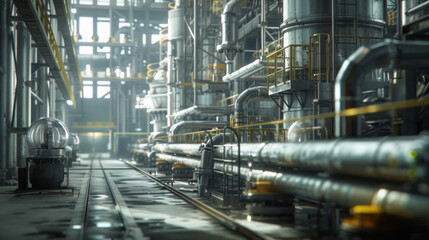 A bustling chemical plant with pipes and vessels, momentarily quiet but ready to produce a wide range of chemical compounds