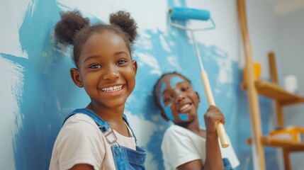 Two Black girls in casual attire standing together in front of a blue wall with one holding a paint roller