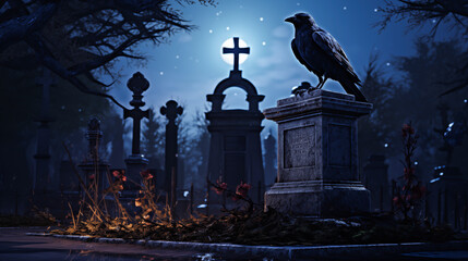 Fototapeta premium A raven perched on tombstone, reflections on death and the afterlife, cemetery at night