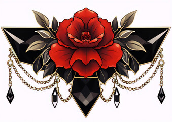 Red rose, black gems, and gold chains. A decorative tattoo design.
