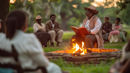 Elderly Storyteller Recounting Tales by Campfire to Attentive Audience at Dusk