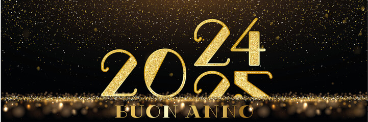 biglietto o striscione per augurare un felice anno nuovo 2025 in oro su sfondo nero con glitter color oro e cerchi effetto bokeh e il 2024 che passa al 2025 - obrazy, fototapety, plakaty
