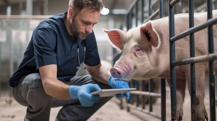 Veterinarian Performing Checkup on Pig - obrazy, fototapety, plakaty