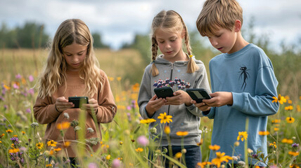 kids engaging in citizen science projects outdoors, using technology to contribute to scientific observations and data collection.generative ai
