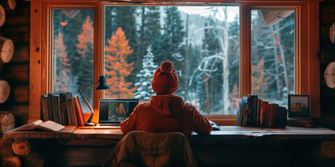 A person in a cozy mountain cabin has a video conference, with a wintery forest landscape outside...
